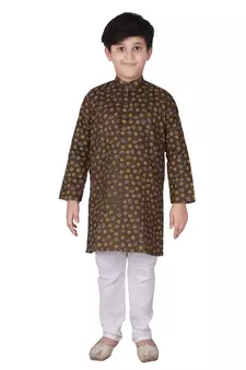 Green Printed Cotton Boys Kurta Pajama Set