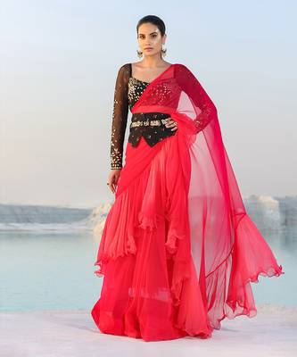 Ameera Romantic Red Ruffle Saree With Black Magic Blouse & Corset Belt Set 1