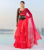 Ameera Romantic Red Ruffle Saree With Black Magic Blouse & Corset Belt Set