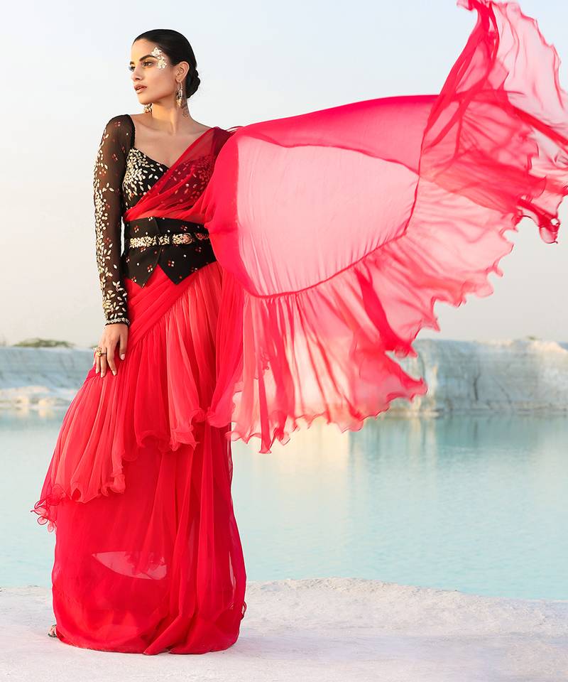 Ameera Romantic Red Ruffle Saree With Black Magic Blouse & Corset Belt Set
