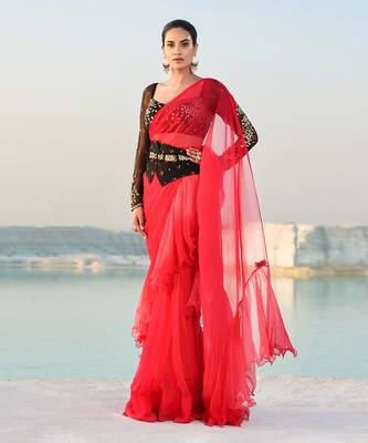 Ameera Romantic Red Ruffle Saree With Black Magic Blouse & Corset Belt Set 3