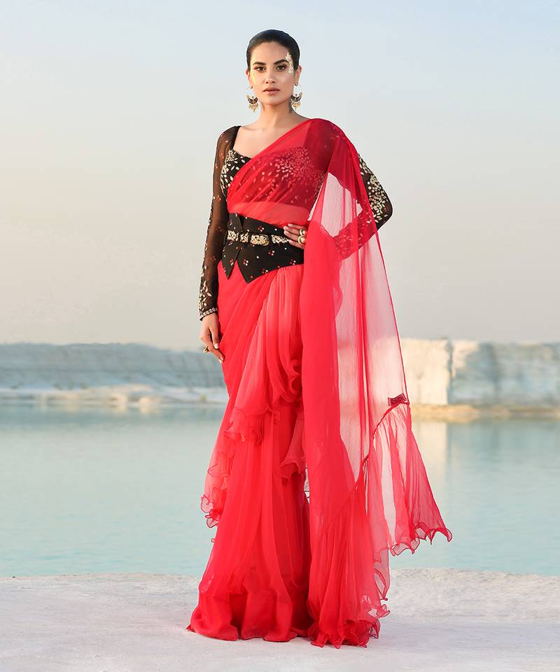 Ameera Romantic Red Ruffle Saree With Black Magic Blouse & Corset Belt Set