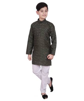 Green Printed Cotton Boys Kurta Pajama Set 4