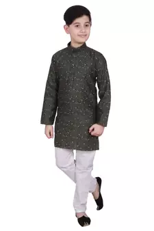 Green Printed Cotton Boys Kurta Pajama Set