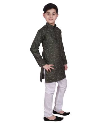 Green Printed Cotton Boys Kurta Pajama Set 1