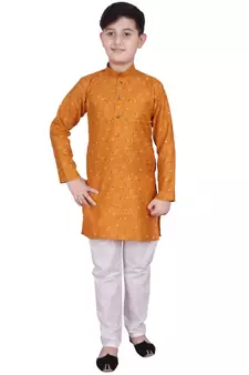 Orange Printed Cotton Boys Kurta Pajama Set