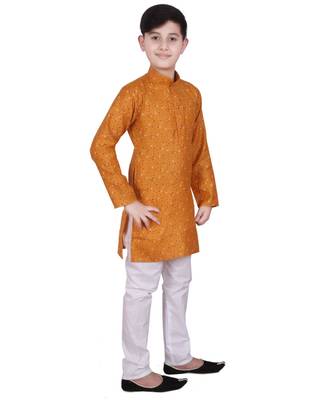 Orange Printed Cotton Boys Kurta Pajama Set 1