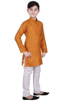 Orange Printed Cotton Boys Kurta Pajama Set