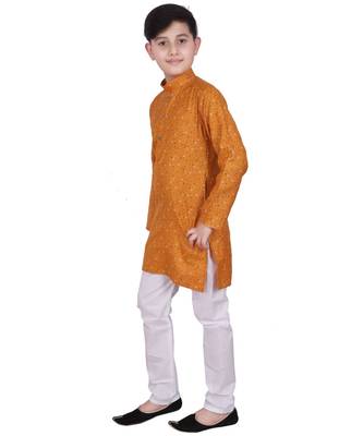 Orange Printed Cotton Boys Kurta Pajama Set 5