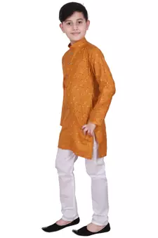 Orange Printed Cotton Boys Kurta Pajama Set
