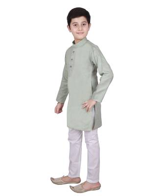 Green Self Design Cotton Boys Kurta Pajama Set 1
