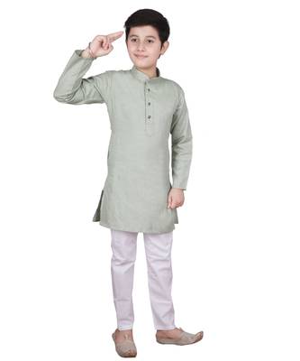 Green Self Design Cotton Boys Kurta Pajama Set 4