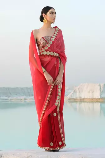 Ameera Rasp-Red Fusion Saree With Sitara Corset Set