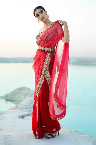 Ameera Rasp-Red Fusion Saree With Sitara Corset Set
