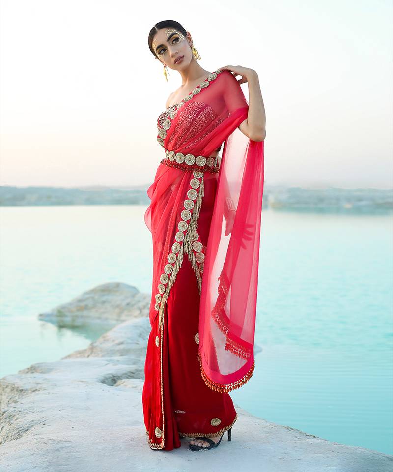 Ameera Rasp-Red Fusion Saree With Sitara Corset Set
