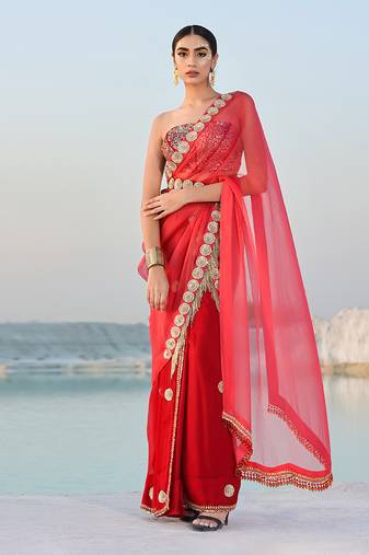 Ameera Rasp-Red Fusion Saree With Sitara Corset Set