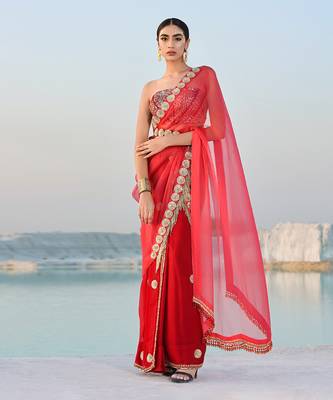 Ameera Rasp-Red Fusion Saree With Sitara Corset Set 1