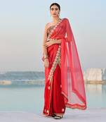 Ameera Rasp-Red Fusion Saree With Sitara Corset Set