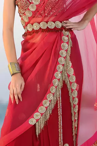 Ameera Rasp-Red Fusion Saree With Sitara Corset Set