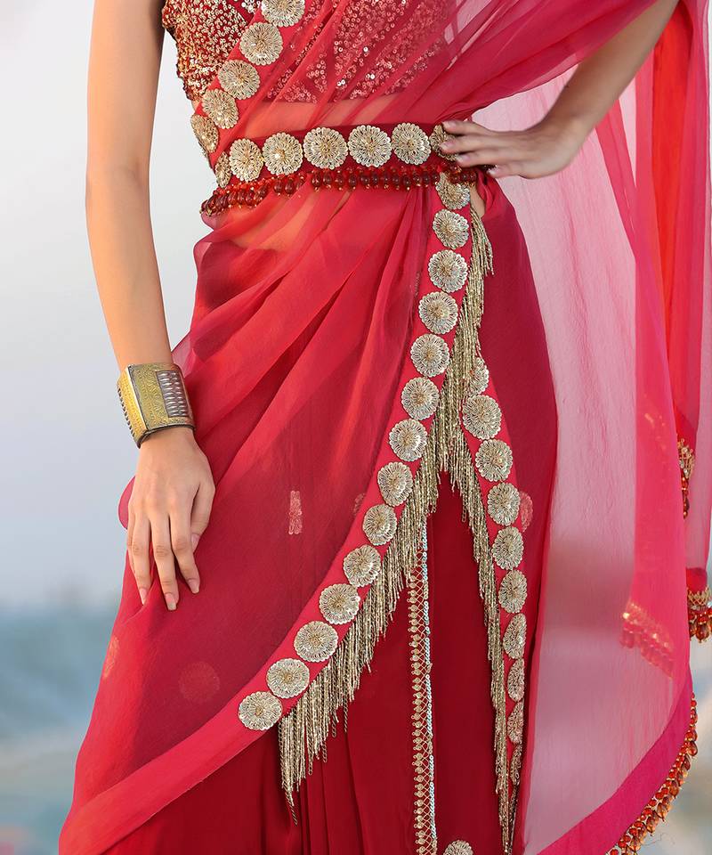 Ameera Rasp-Red Fusion Saree With Sitara Corset Set