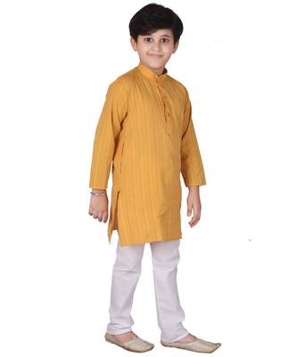 Yellow Strip Cotton Boys Kurta Pajama Set 3