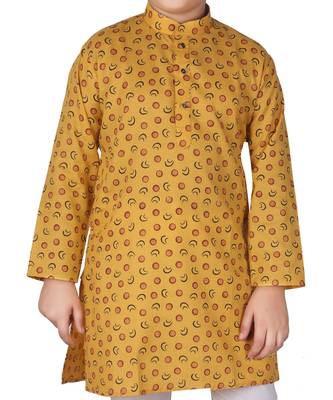 Yellow Printed Cotton Boys Kurta Pajama Set 2