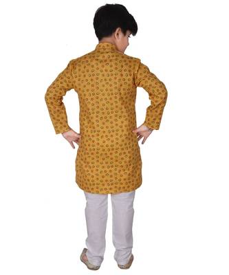 Yellow Printed Cotton Boys Kurta Pajama Set 3