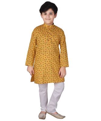 Yellow Printed Cotton Boys Kurta Pajama Set 1