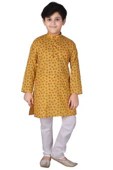 Yellow Printed Cotton Boys Kurta Pajama Set