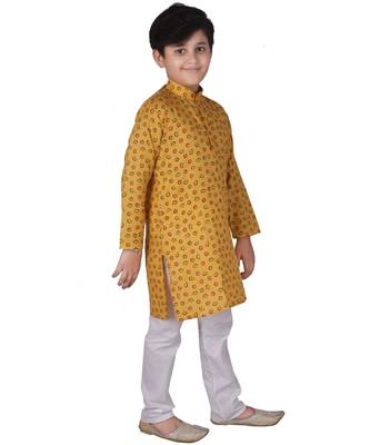 Yellow Printed Cotton Boys Kurta Pajama Set 5