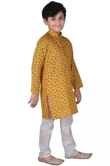 Yellow Printed Cotton Boys Kurta Pajama Set