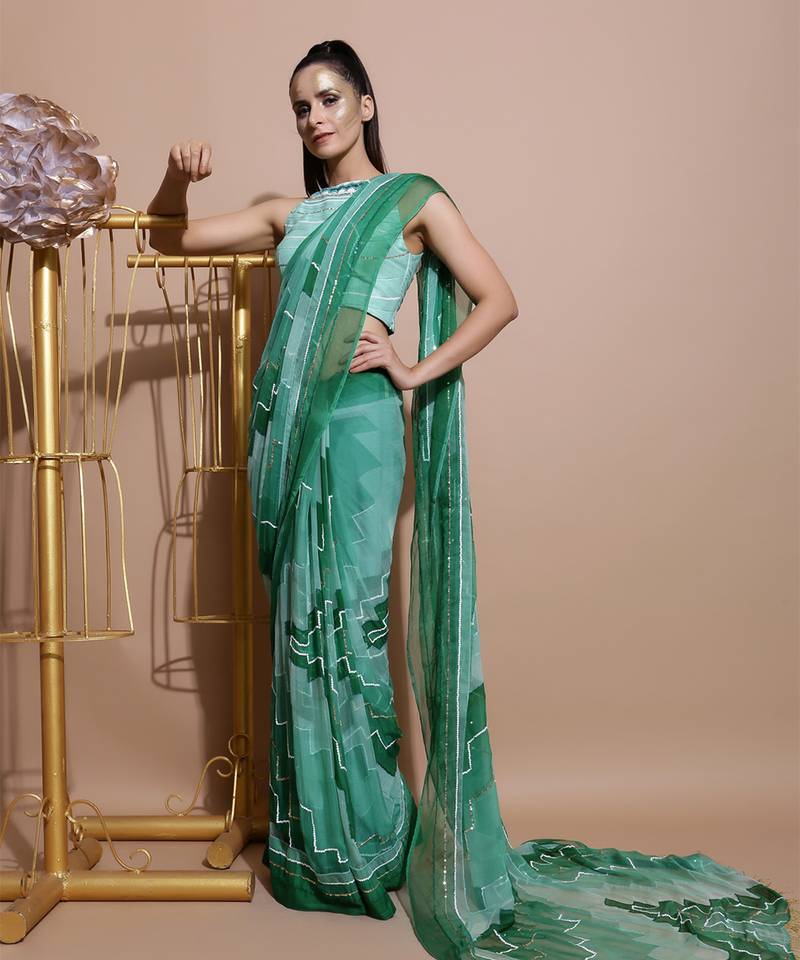 Green Chiffon Saree And Blouse