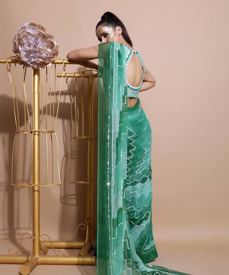 Green Chiffon Saree And Blouse