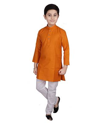 mustard Self Design Cotton Boys Kurta Pajama Set 1