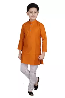 mustard Self Design Cotton Boys Kurta Pajama Set