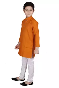 mustard Self Design Cotton Boys Kurta Pajama Set