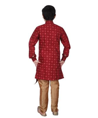 Maroon Floral Design Silk  Boys Kurta Pajama Set 2
