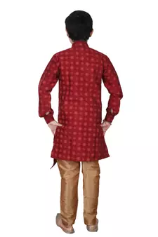 Maroon Floral Design Silk  Boys Kurta Pajama Set