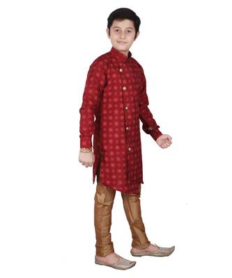 Maroon Floral Design Silk  Boys Kurta Pajama Set 3