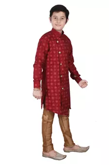Maroon Floral Design Silk  Boys Kurta Pajama Set