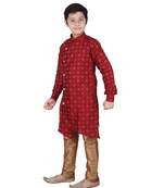 Maroon Floral Design Silk  Boys Kurta Pajama Set