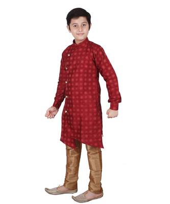Maroon Floral Design Silk  Boys Kurta Pajama Set 4
