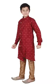 Maroon Floral Design Silk  Boys Kurta Pajama Set