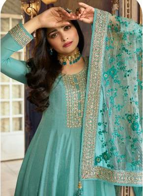 Sky Blue Silk Blend Anarkali Salwar Kameez 2