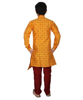 Yellow Floral Design Silk  Boys Kurta Pajama Set 2