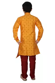 Yellow Floral Design Silk  Boys Kurta Pajama Set