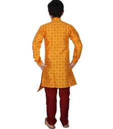 Yellow Floral Design Silk  Boys Kurta Pajama Set