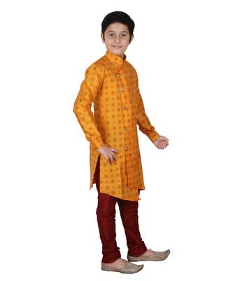 Yellow Floral Design Silk  Boys Kurta Pajama Set 3