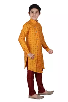 Yellow Floral Design Silk  Boys Kurta Pajama Set