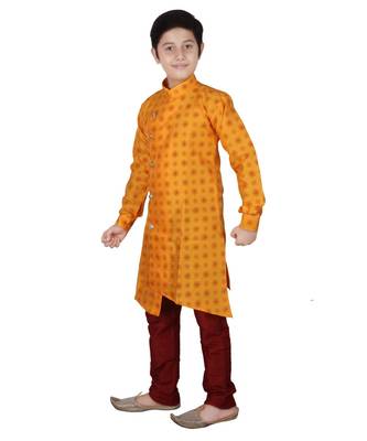Yellow Floral Design Silk  Boys Kurta Pajama Set 1